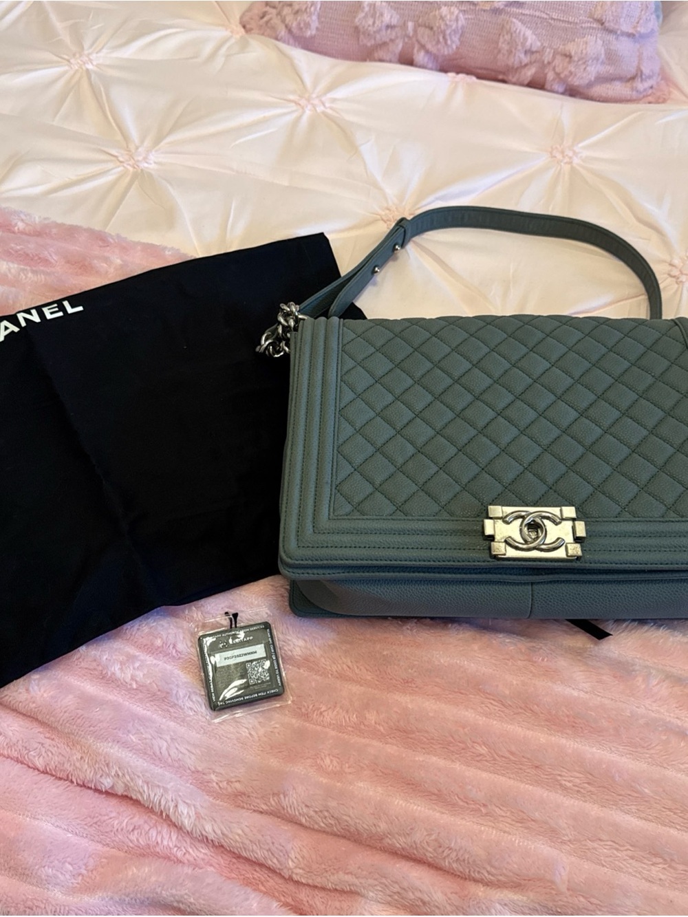 CHANEL Blue-Gray Quilted Boy Flap Shoulder Bag. Large size.